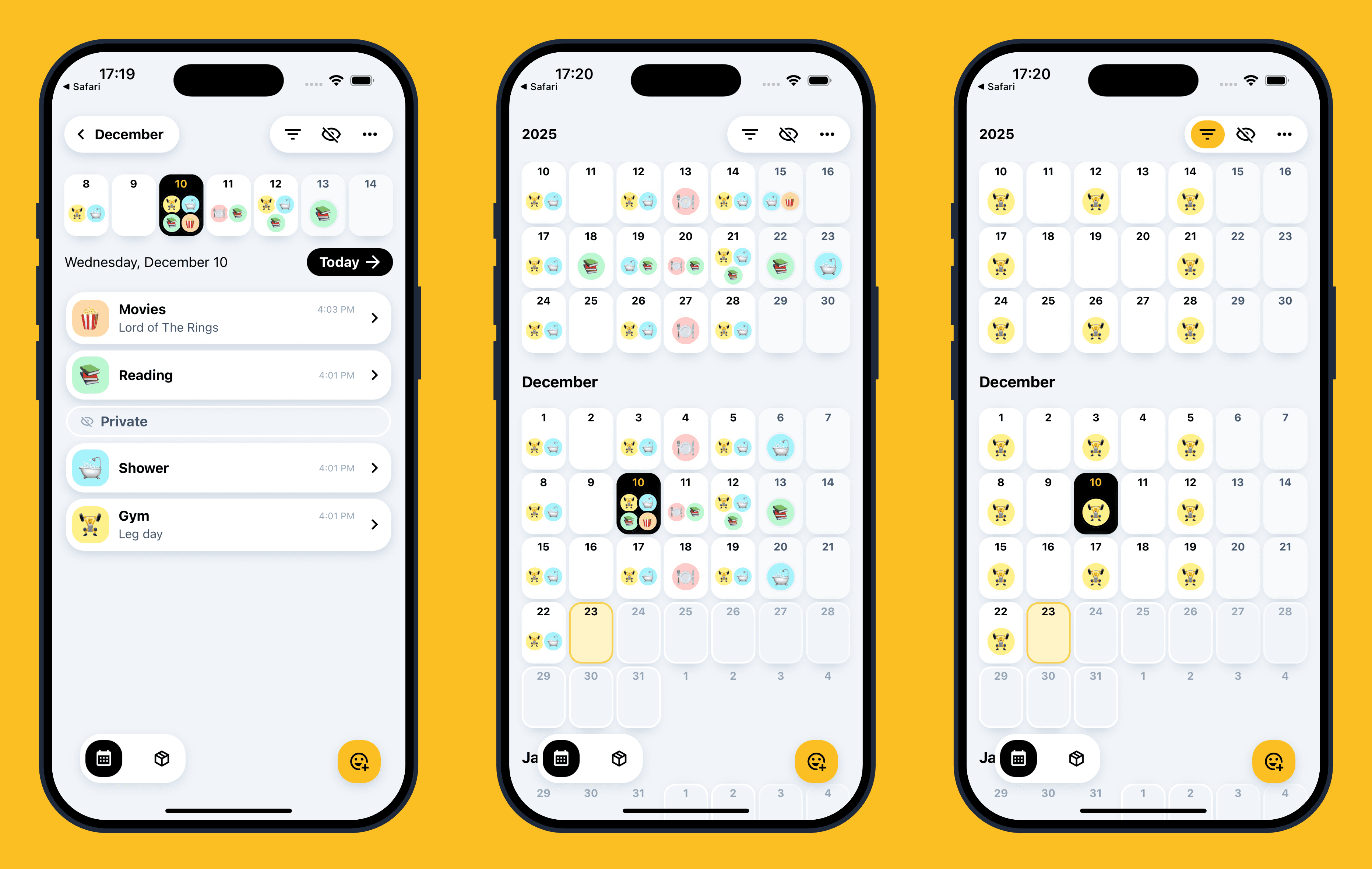 LogMo app screenshots showing emoji tracking, month view, and week view